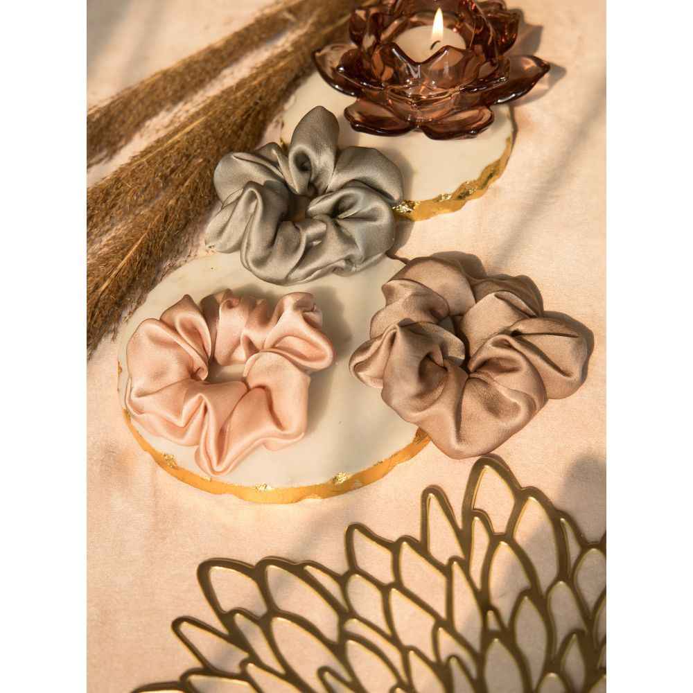 Buy Spotstyl Mulberry Silk Midi Scrunchies - Pack of 3 - Silver , Nude & Gold - Purplle