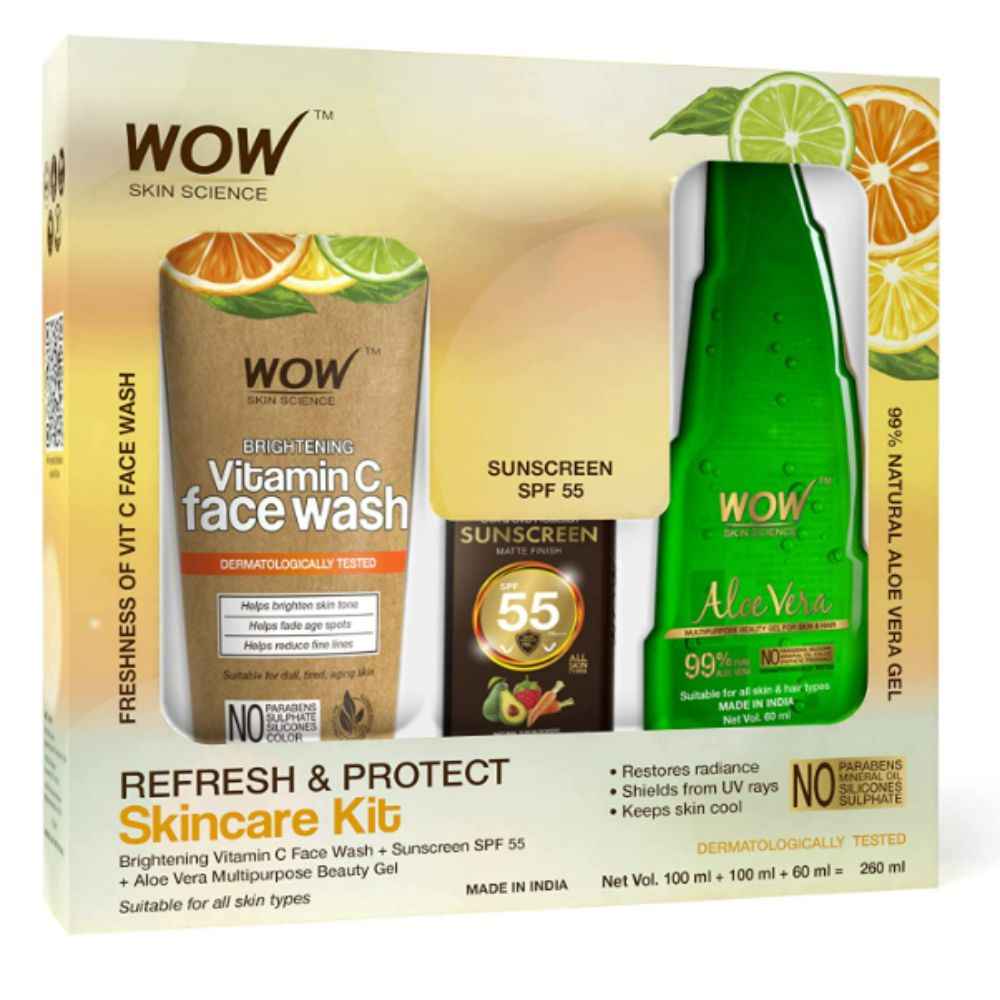 Buy WOW Skin Science Skin Care Face Kit - consists of 99% Pure Aloe Vera Gel, Sunscreen Lotion SPF-55 PA+++ & Vitamin C Face Wash Paper Tube - Net Vol. 260mL - Purplle
