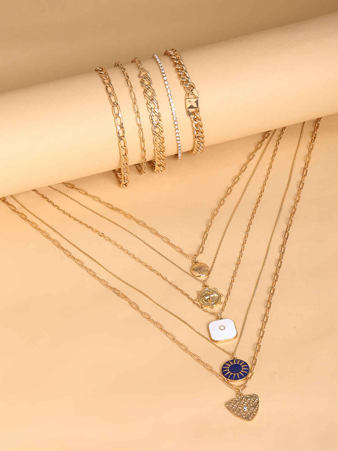 Buy Lilly & Sparkle Combo Pack Gold Plated Multi Layered & Charms Necklace And Set Of Five Bracelet Set - Purplle