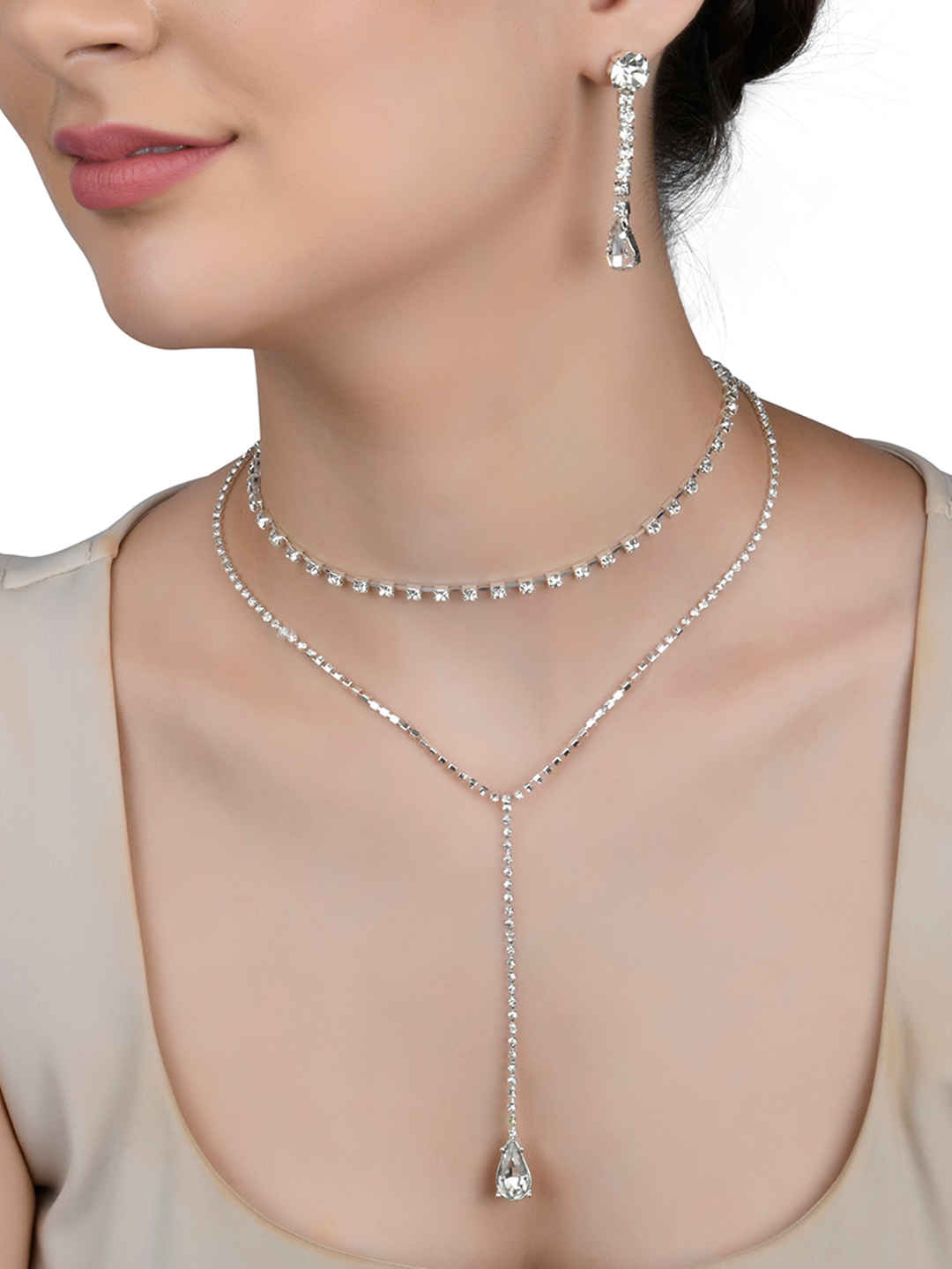 Buy Lilly & Sparkle Silver Toned Two Layered Cup Chain Necklace With Dangler Earrings - Purplle