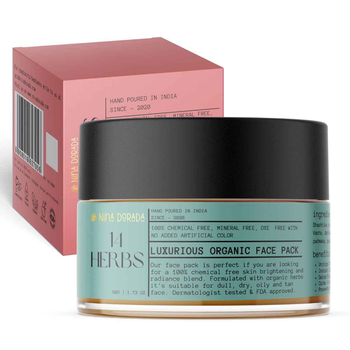 Buy Nina Dorada 14 Herbs Luxurious Organic Face Pack for Dirt Control | De Tan Pack for Glowing Skin, Oil Control , Acne and Uneven Skin | Chemical Free and Dermatologist Approved | 50gms - Purplle