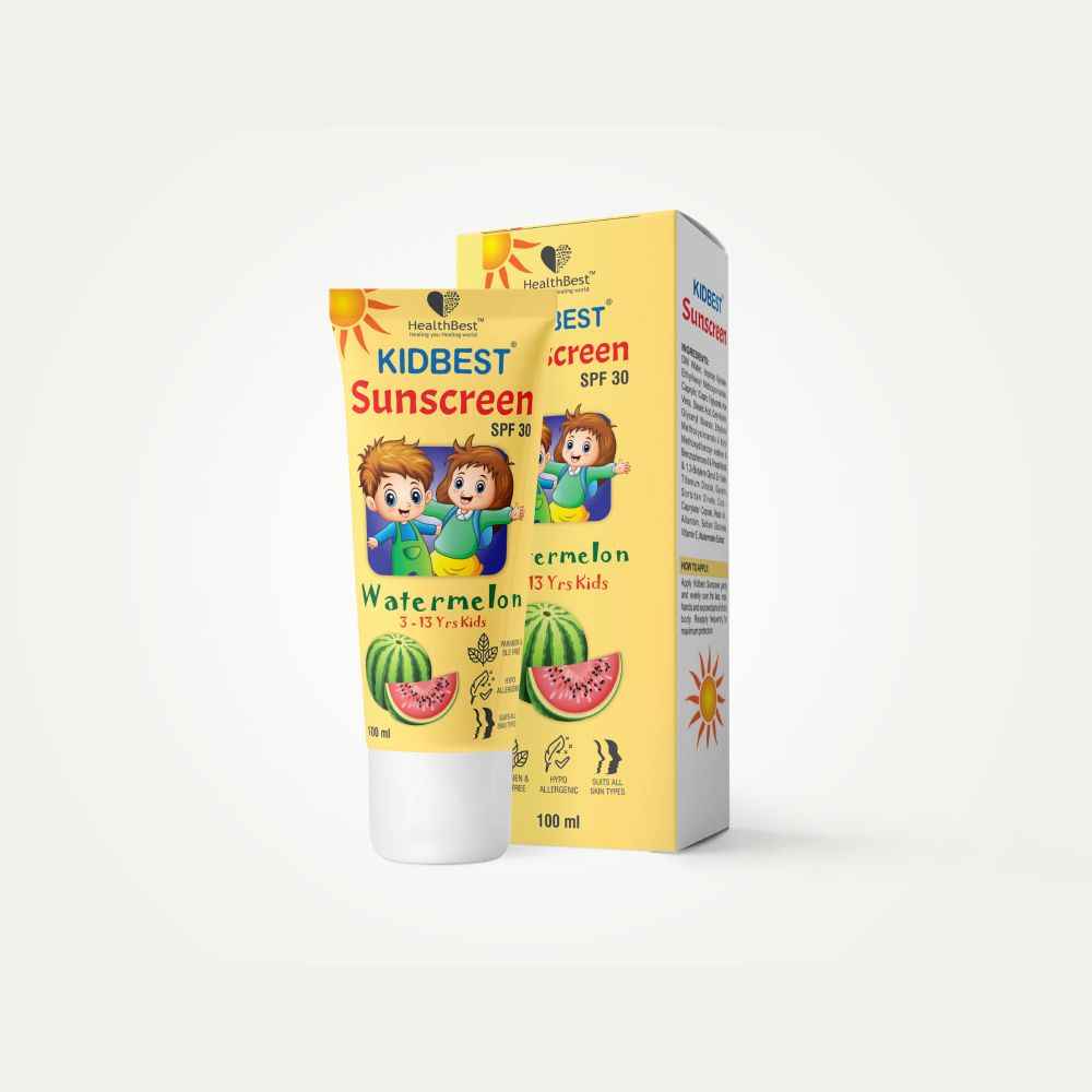 Buy HealthBest Kidbest Sunscreen for Kids | SPF 30 UVA/UVB | Safe for Sensitive Skin & Unscetened | Tear, Paraben, SLS free | Watermelon Flavor | 100 ml - Purplle