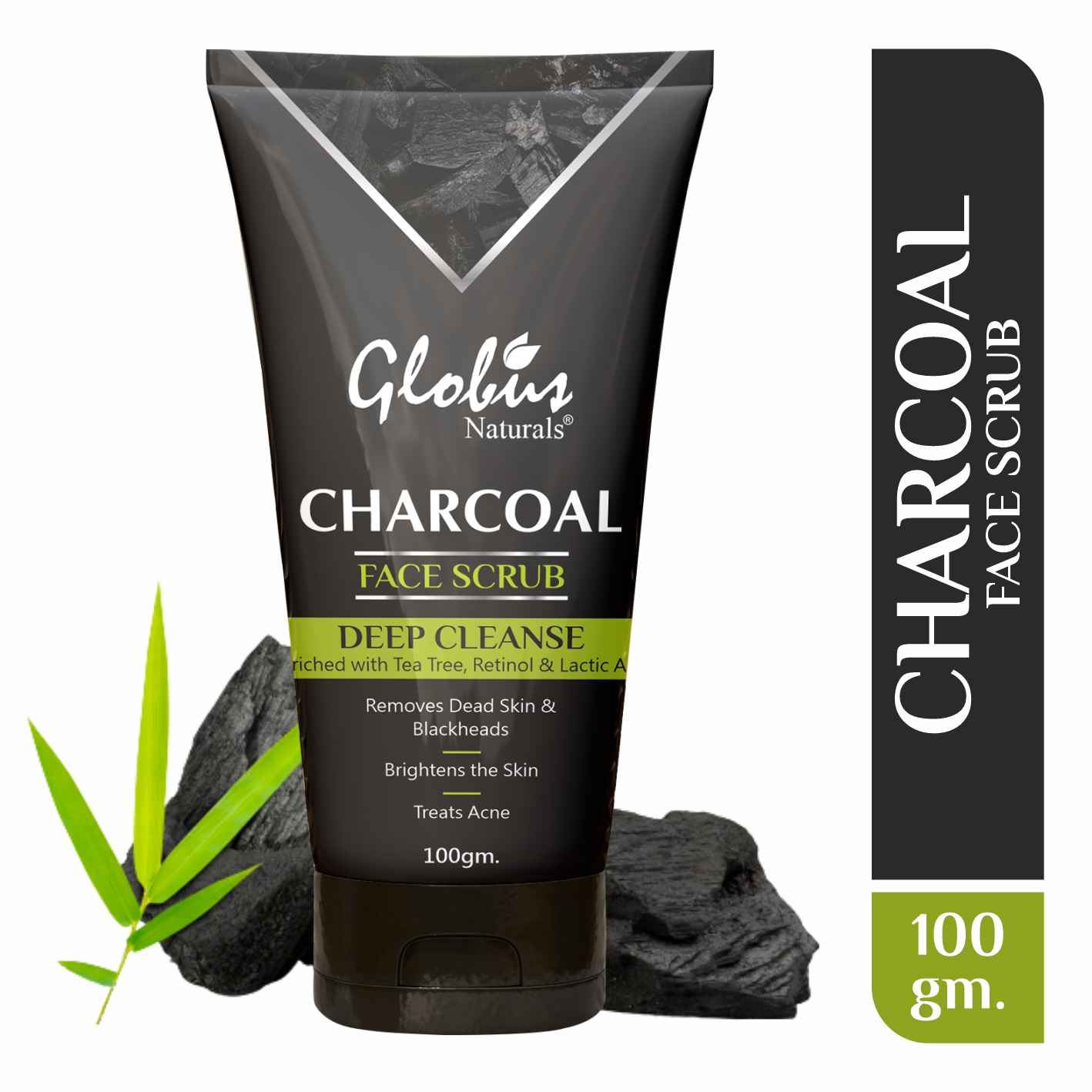 Buy Globus Naturals Charcoal Face Scrub Enriched with Tea Tree,Retinol & Lactic Acid for Exfoliation, Anti-acne & Pimples, Blackhead Removal Scrub (100 gm) - Purplle