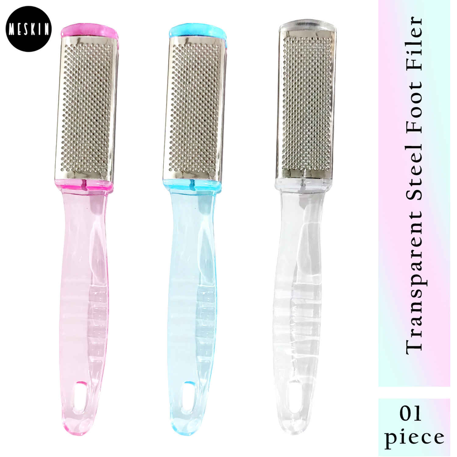 Buy MeSkin Double Sided Transparent Steel Foot Filer Pedicure & Dead Skin Remover with Curvy Handle 1 Pc - Purplle