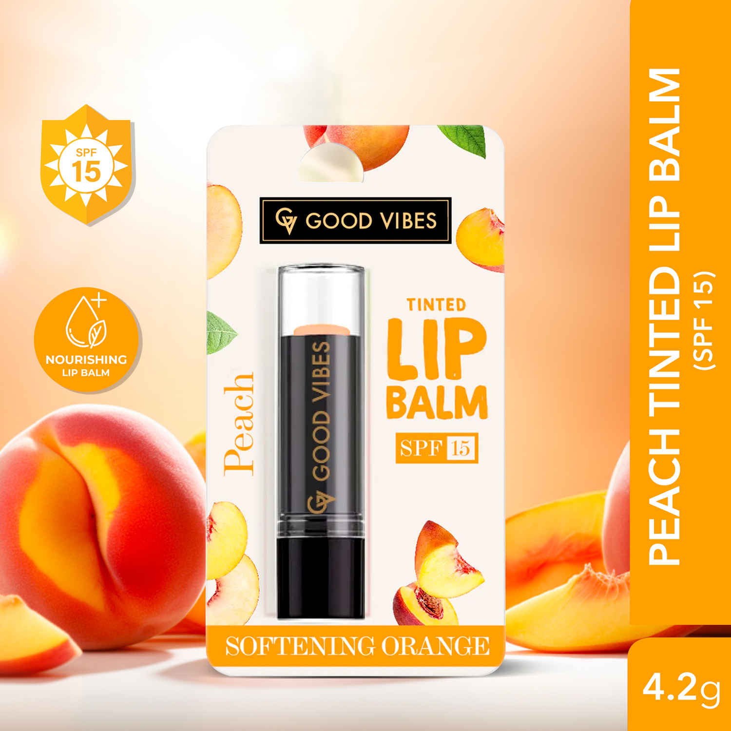 Buy Good Vibes Peach Softening Orange Tinted Lip Balm SPF 15 | Nourishes, Repairs | Vegan, No Parabens, No Sulphates, No Mineral Oil, No Animal Testing, No Silicones (4.2 g) - Purplle