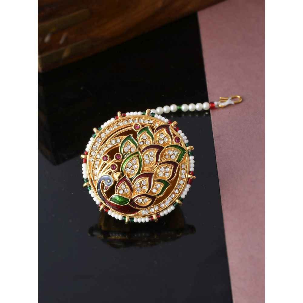 Buy Silvermerc Designs Gold Plated Pearl Studded Meenakari Maang Tikka - Purplle
