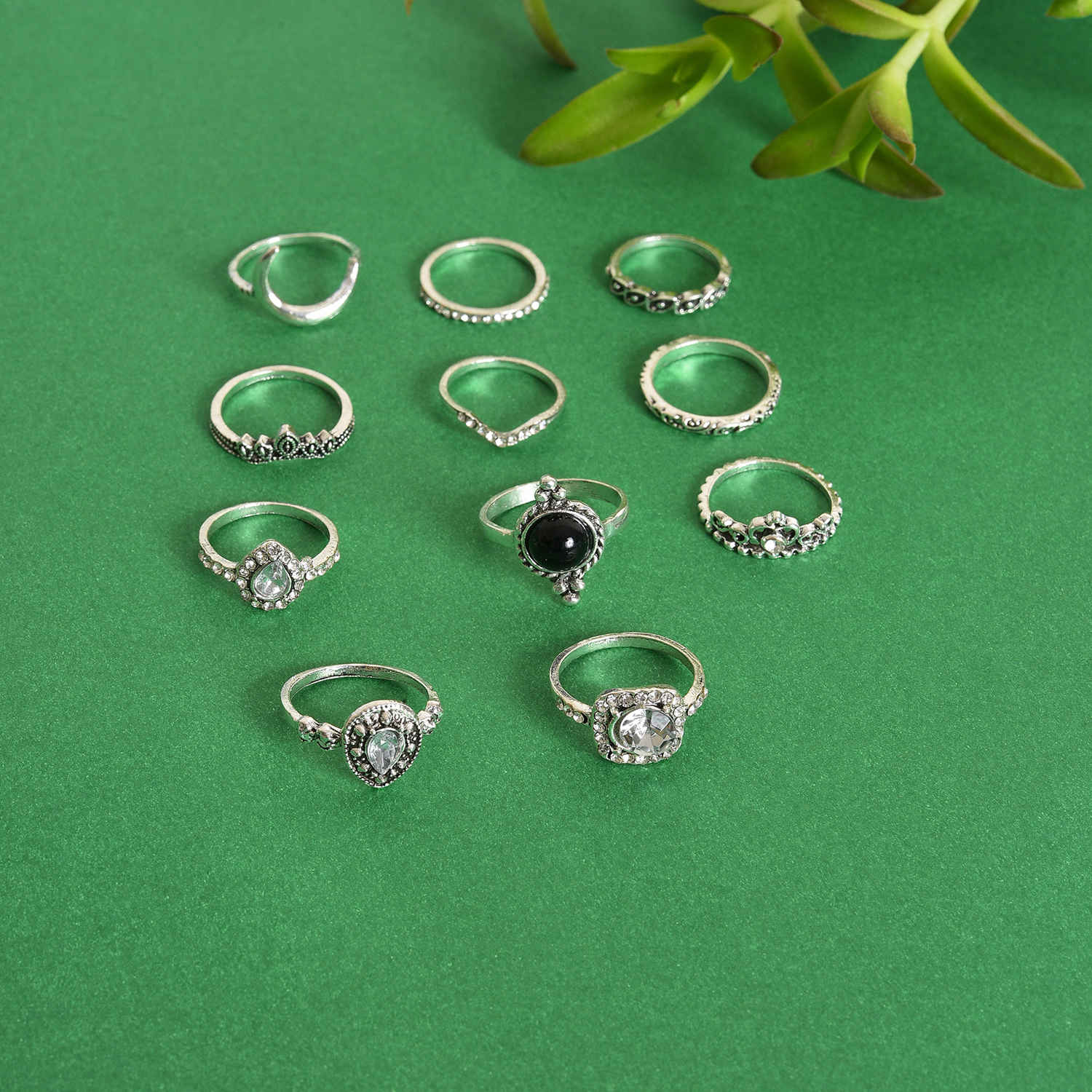 Buy SOHI Set Of 11 Silver-Plated White Stone-Studded Finger Rings - Purplle