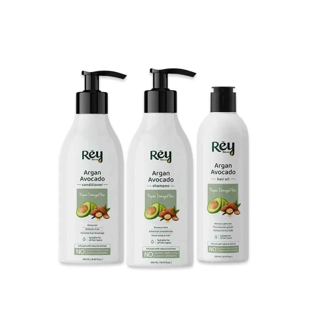 Buy Rey Naturals Moroccan Argan Avocado Hair Shampoo (300ml) + Conditioner (250ml) + Hair Oil (200ml) Combo to Repair Damaged Hair - Purplle