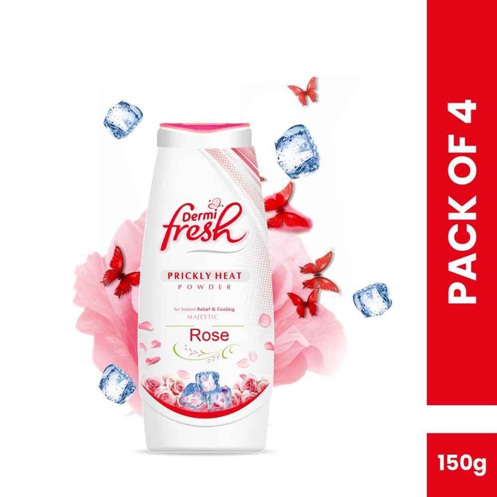 Buy Dermifresh Prickly Heat Talcum Powder for Amazing Cooling, Refreshment and Helps to Instant Relief from Sweating 150g each - Pack of 4, Rose Fragrance - Purplle