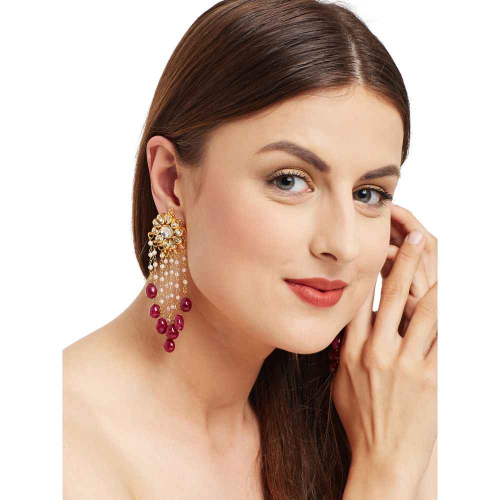 Buy Bamboo Tree Jewels Maroon Stone Gold-Toned Kundan Drop Earrings - Purplle