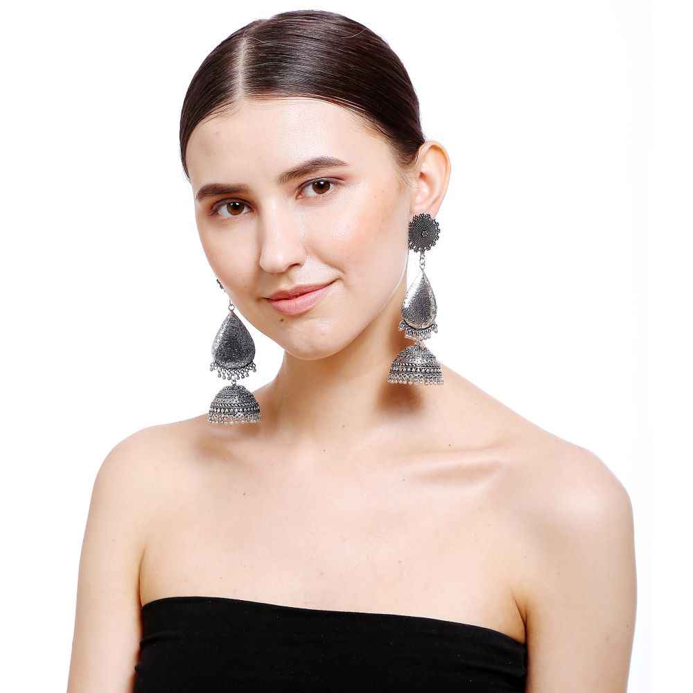 Buy Bamboo Tree Jewels Silver-Toned Handcrafted Teardrop Shaped Jhumkas - Purplle
