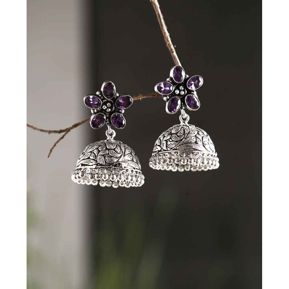 Buy Bamboo Tree Jewels Purple Stone Dome Shaped Handcrafted Silver-Toned Jhumkas - Purplle