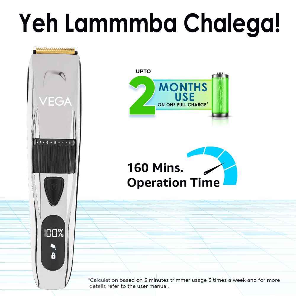 Buy VEGA Power Series P-3 Beard Trimmer for Men with Digital Display, Titanium Blades, 160 Mins Runtime & 40 Length Settings, Black, (VHTH-27) - Purplle