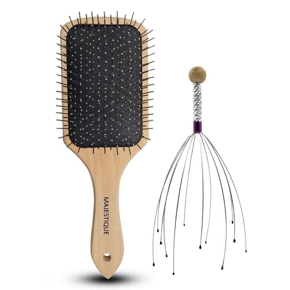 Buy Majestique Wooden Hair Brush and Head Massager - Refresh and Extend for All Hair Types - Color May Vary - Purplle