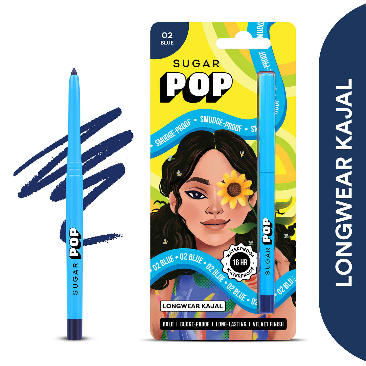 Buy SUGAR POP Longwear Matte Kajal - 02 Blue - Intense Blue Kohl Kajal | Long Lasting, Smudge Proof Pencil, Water Proof, Single Stroke Velvet Finish | Lasts Up To 16 Hours - Pack of 1 - Purplle