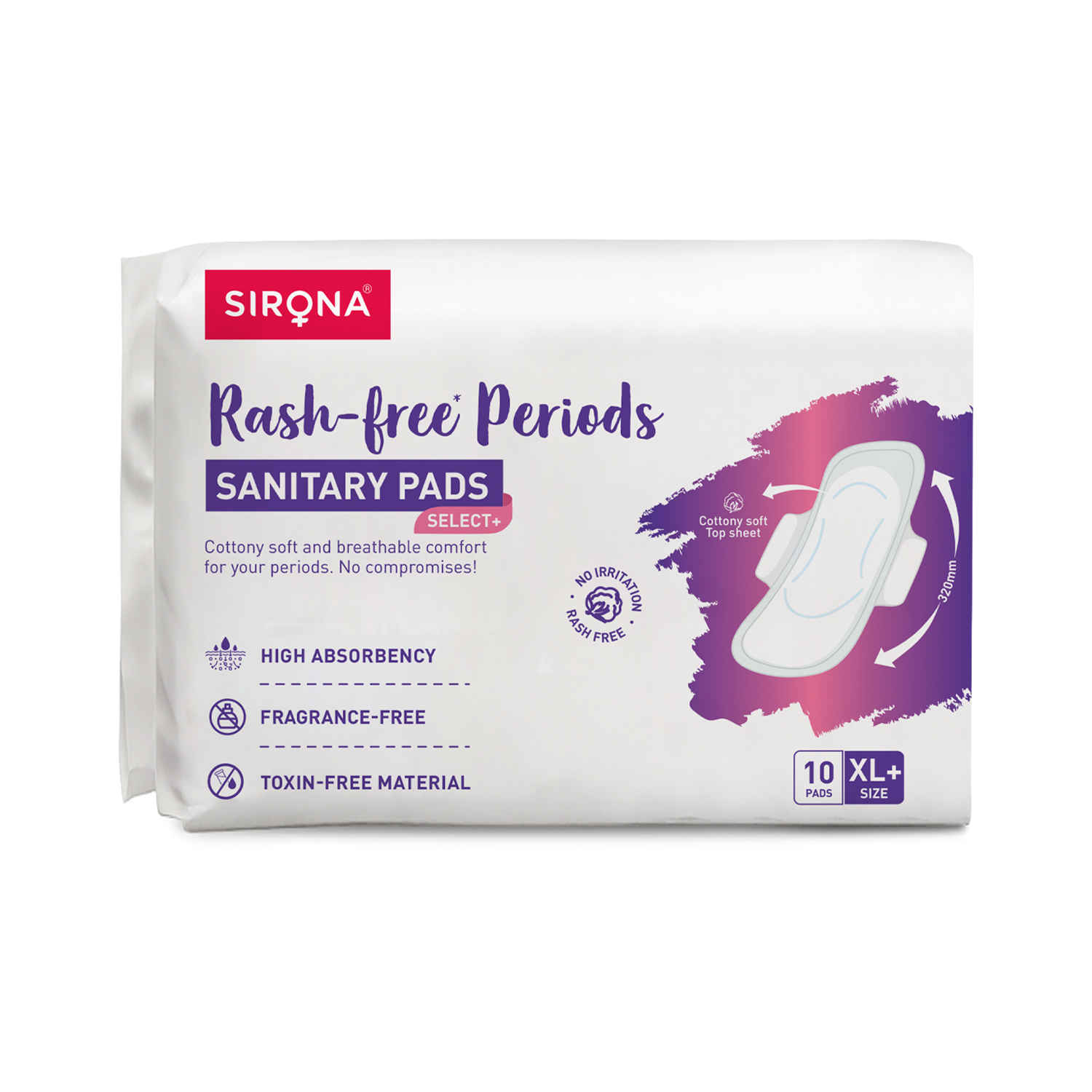 Buy Sirona Max 100% rash-free Sanitary Pads for Women - Pack of 10 (XL+ Size) | Highly Absorbency - Purplle