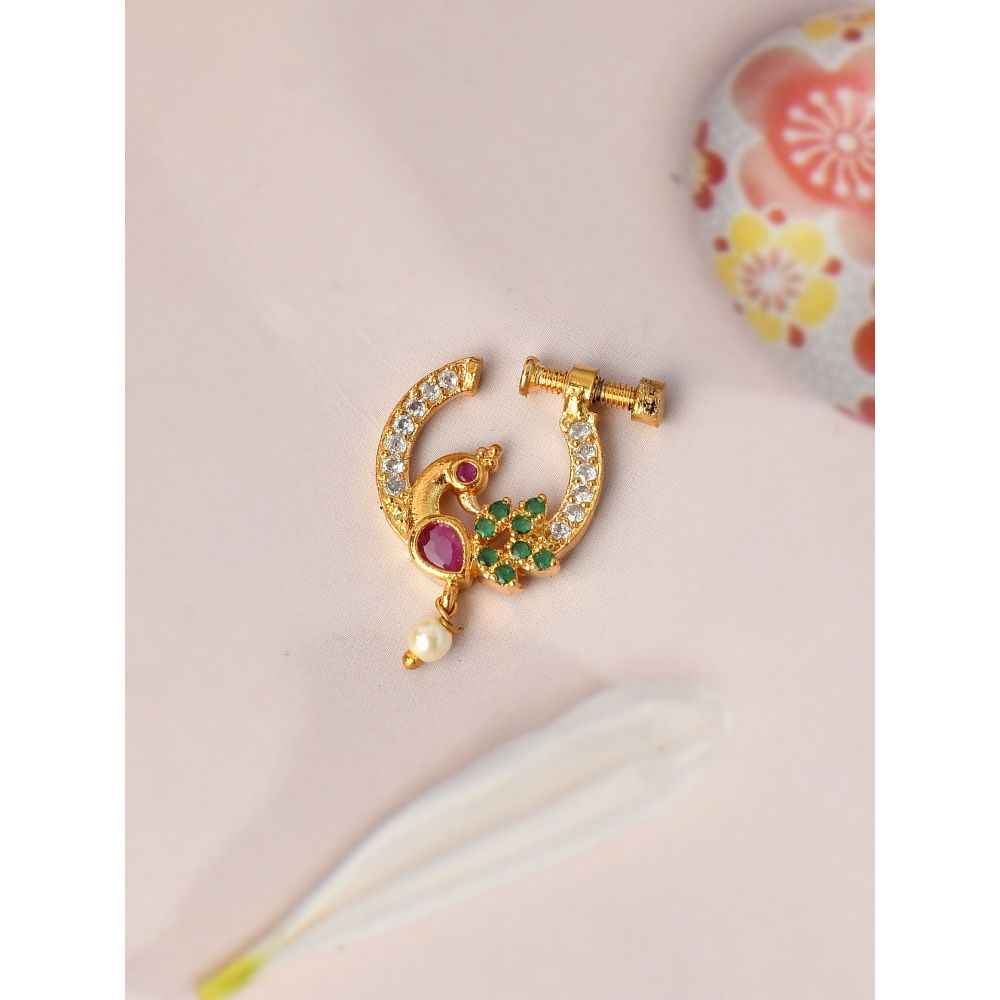 Buy Silvermerc Gold Plated Green & White Stone Studded Peacock Meenakari Nose Ring - Purplle