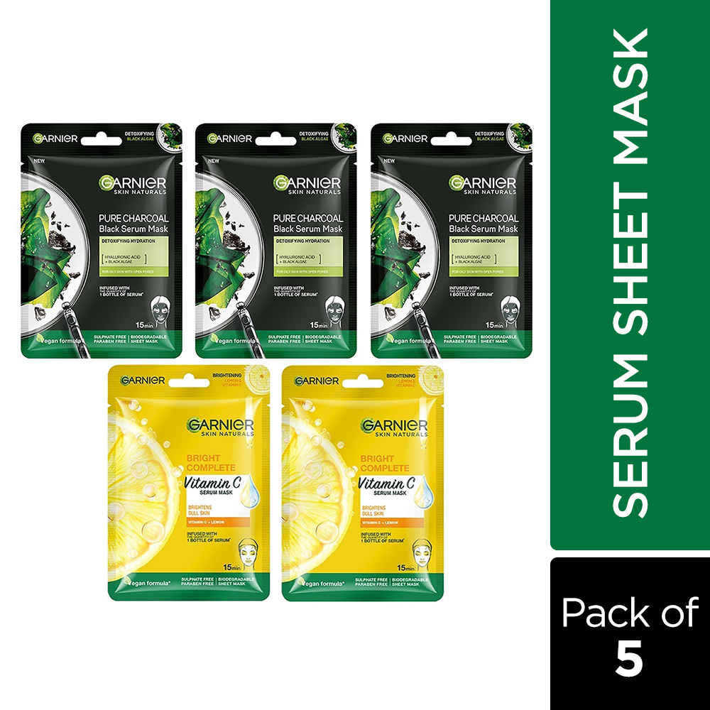Buy Garnier Skin Naturals Face Serum Sheet Mask Pack of 5 (3 Charcoal + 2 Bright Complete Vitamin C) - Purplle
