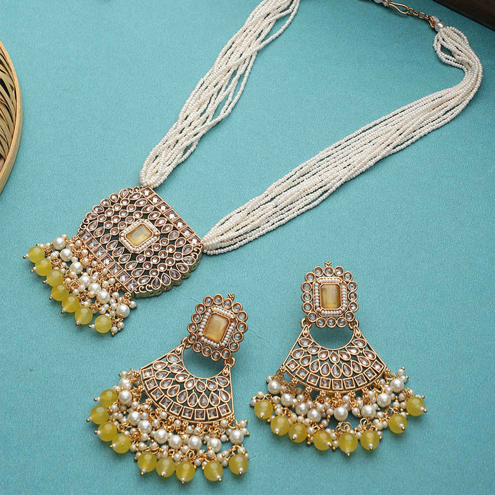 Buy STEORRA JEWELS Kundan Yellow Studded & White Beads Long Necklace Jewellery Set Yellow - Purplle
