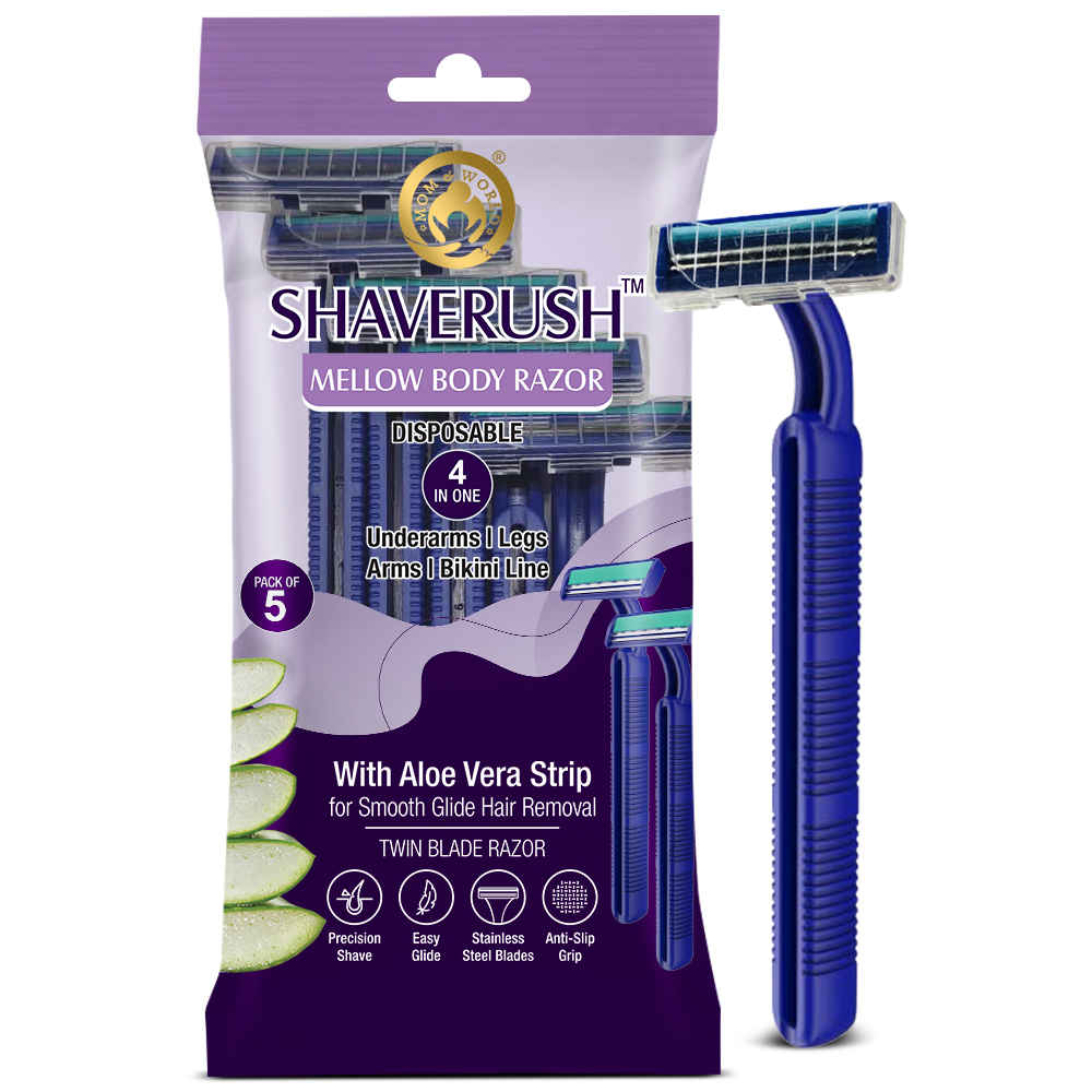 Buy Mom & World ShaveRush Mellow Body Razor, 4 in 1, Stainless Steel, Twin Blade Razor, with Aloe Vera Strip for Smooth Hair Removal, Underarms, Legs, Arms, Bikni Line (Pack of 5) - Purplle
