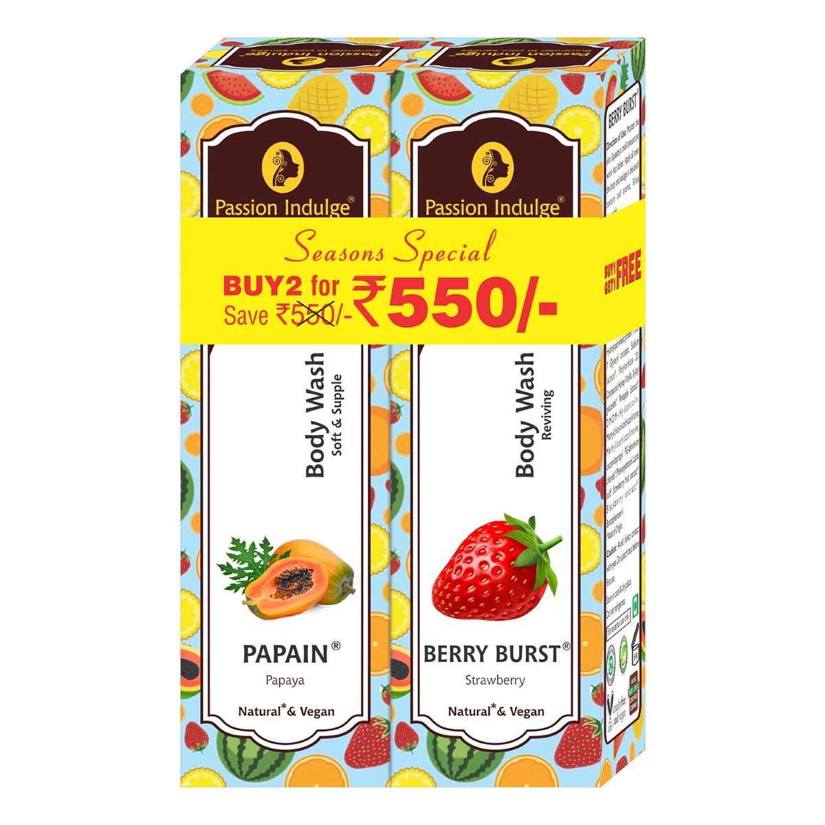 Buy Passion Indulge PAPAIN WITH BERRY BURST Body Wash For soft, supple & Reviving a Skin (1+1) - Pack of 2 - Purplle