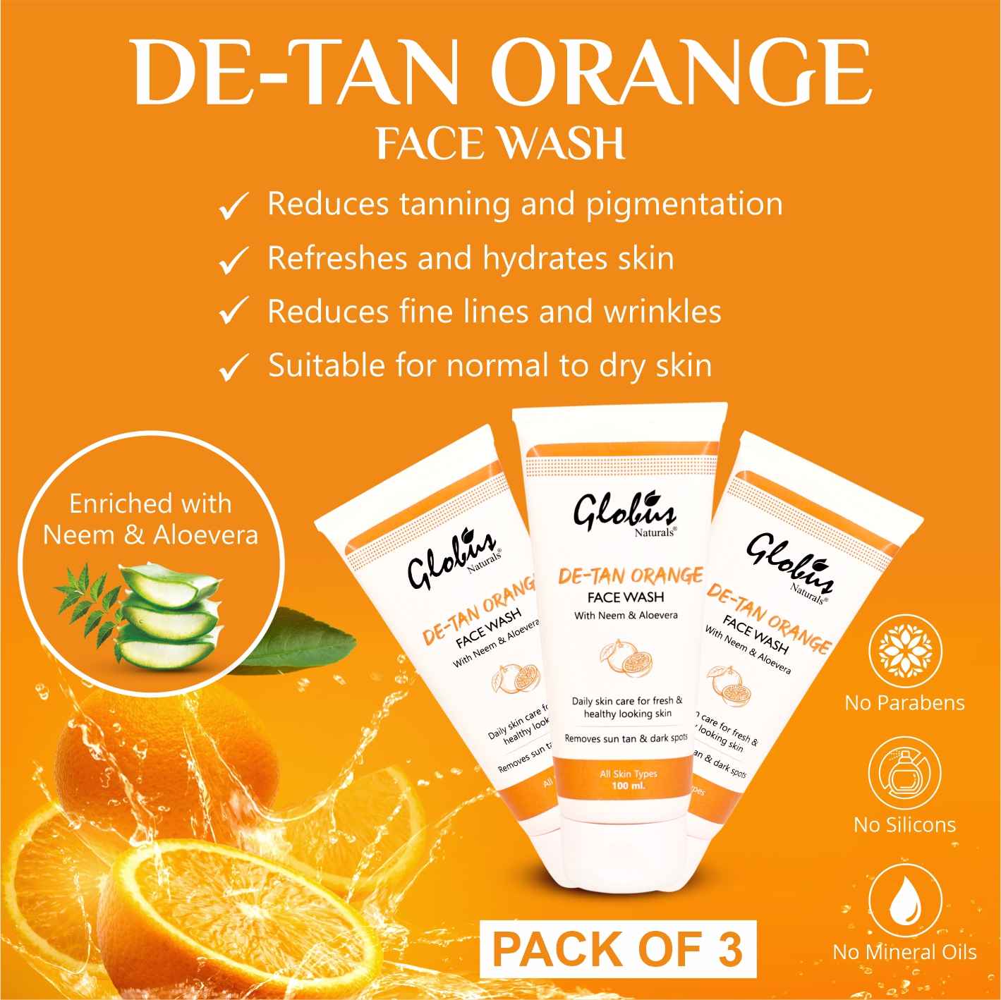 Buy Globus Naturals D- Tan Orange Face Wash, 100 Gms (Pack Of 3) - Purplle