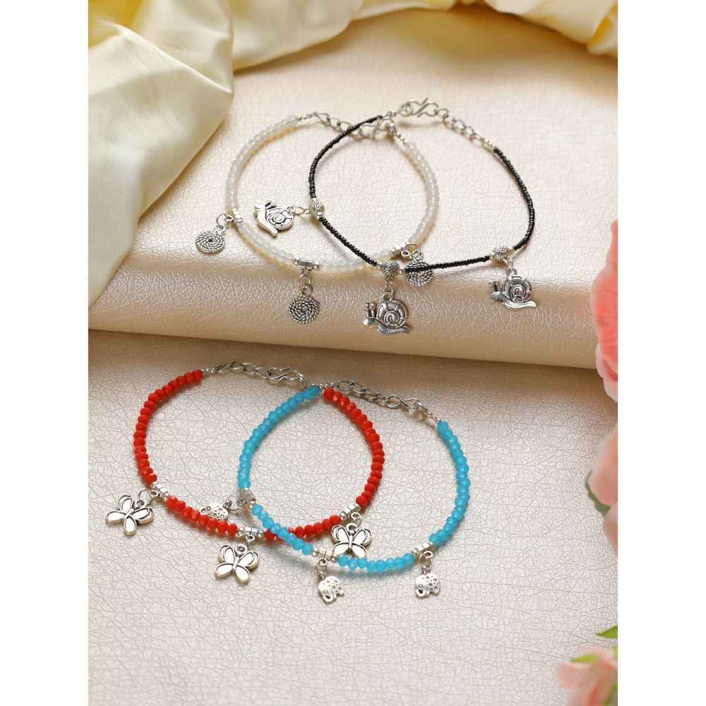 Buy Jazz And Sizzle Set of 4 Silver Elephant,Flowerbutterfly,Circle & Cocoon Charms Beaded Handcrafted Anklets - Purplle