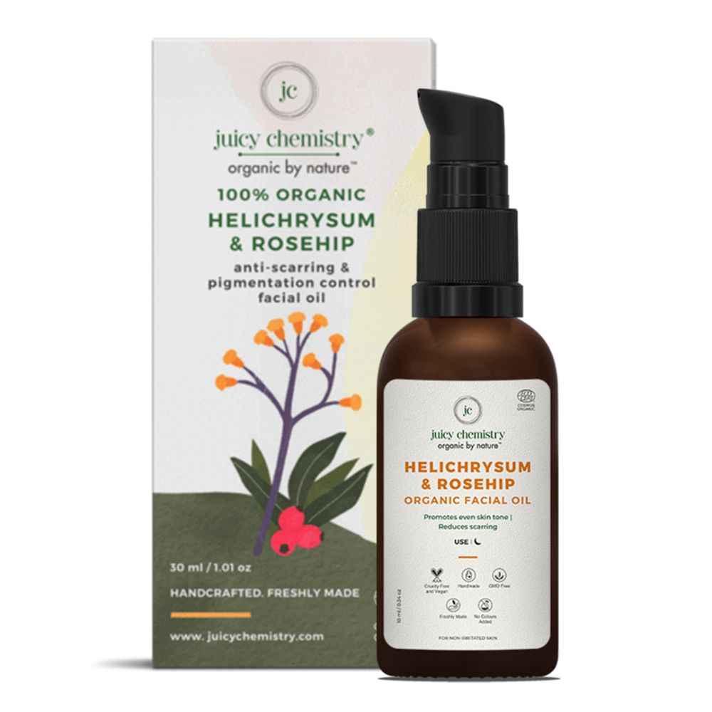 Buy Juicy Chemistry Helichrysum & Rosehip Face Oil for Pigmentation & Scarring, 10 ml - Certified Organic for All Skin Types | 100% Pure & Vegan - Purplle