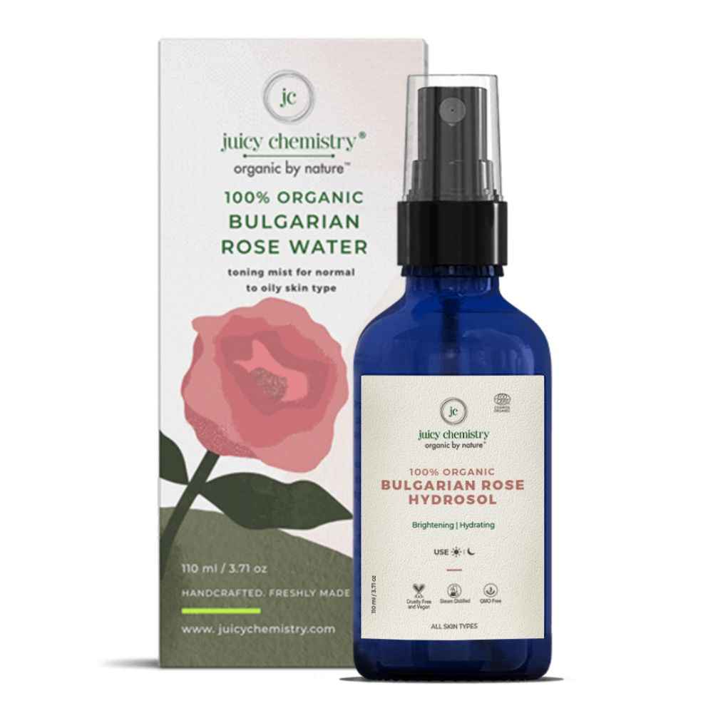 Buy Juicy Chemistry Bulgarian Rose Water Face Toner for Glowing, Brighter and Hydrated Skin - Made with Bulgarian Damask Roses, 110 ml - Clinically Tested & 100% Certified Organic (Mist Spray) - Purplle