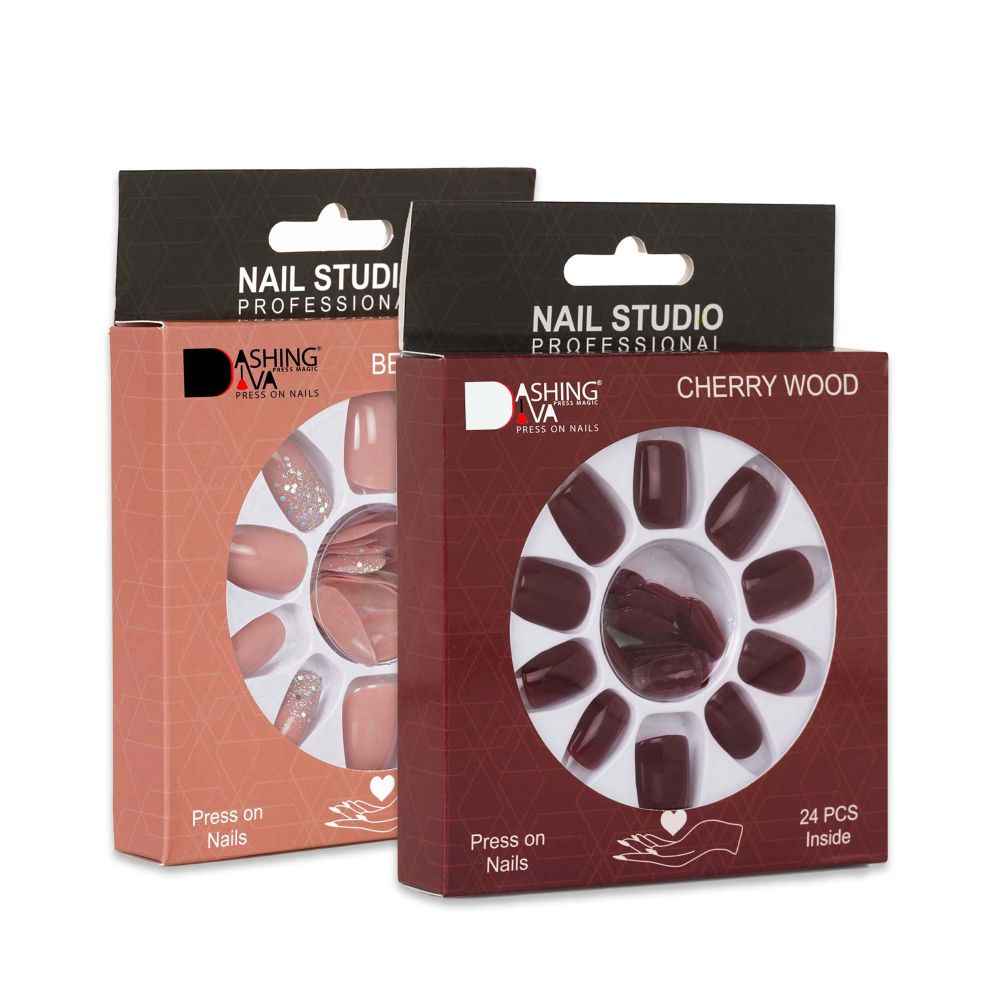Buy Dashing Diva Press Magic Beige Sparkles, Cherry Wood Reusable Fake/False Acrylic Press on Nails With Quick Dry Nail Glue, Pack of 2 - Purplle