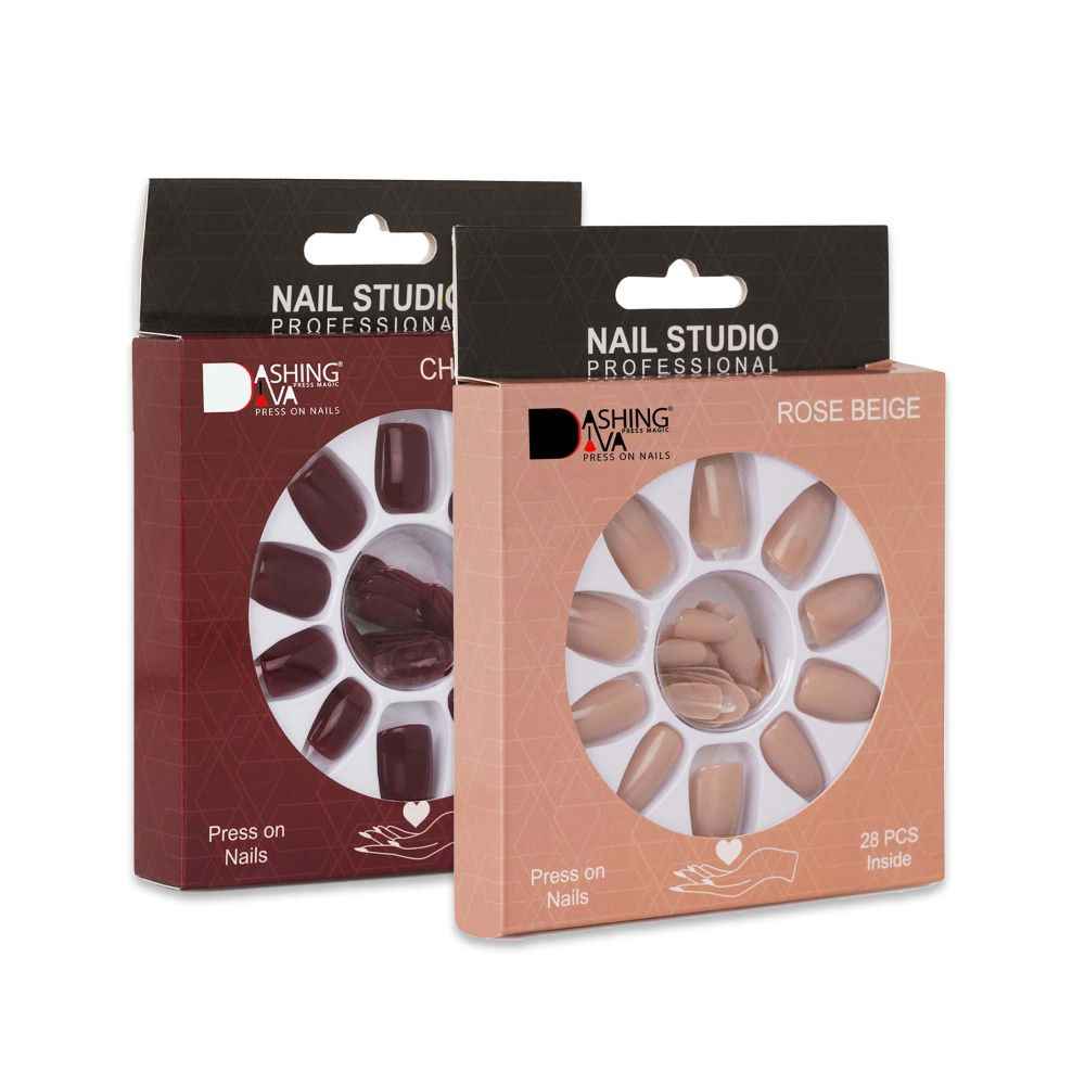 Buy Dashing Diva Press Magic Cherry Wood, Rose Beige Reusable False/Fake Acrylic Press on Nails With Quick Dry Nail Glue, Pack of 2 - Purplle