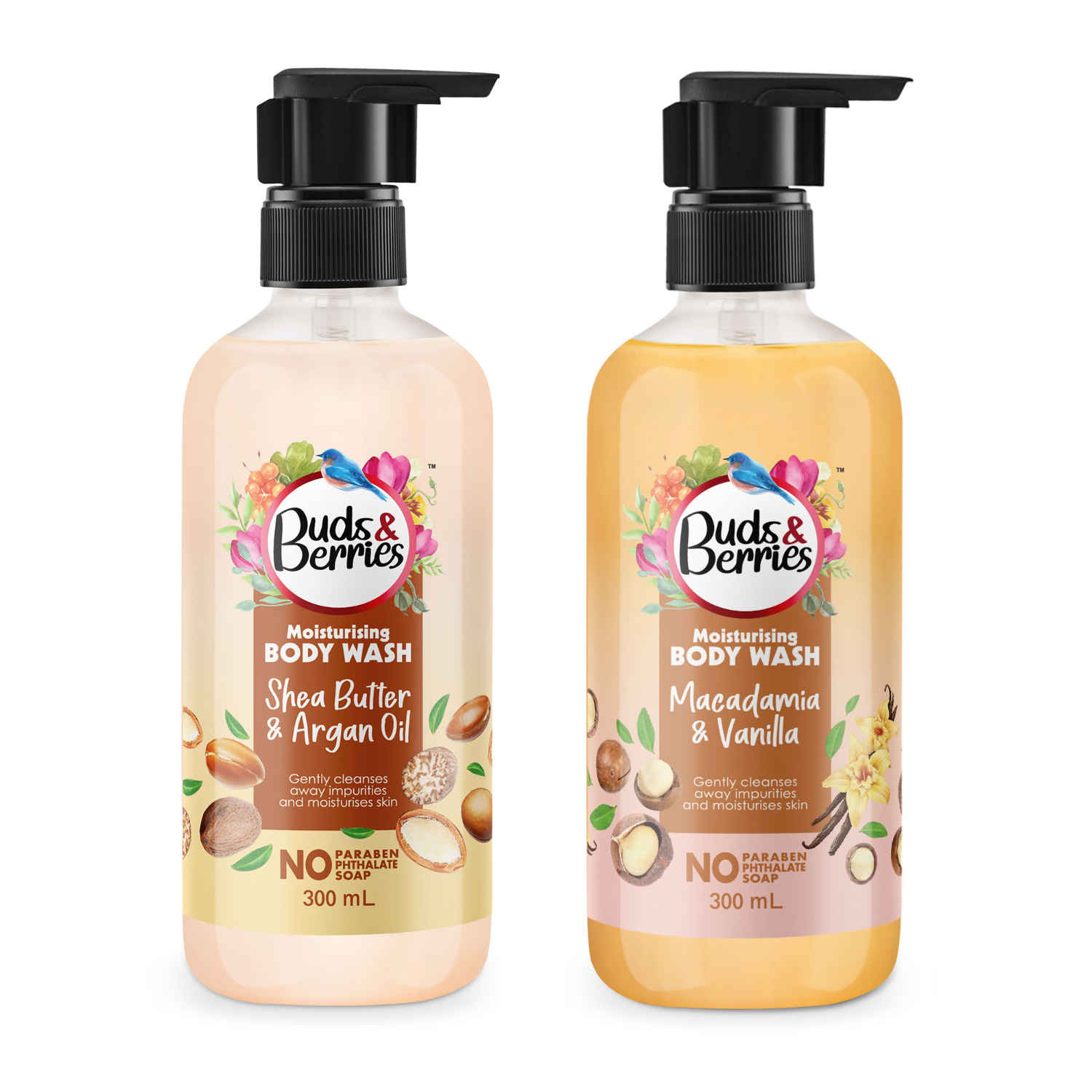 Buy Buds & Berries Body Wash Combo Offer | Shea Butter, Argan Oil Moisturizing Body Wash + Macadamia, Vanilla Moisturizing Body Wash (300 ml + 300 ml) - Purplle