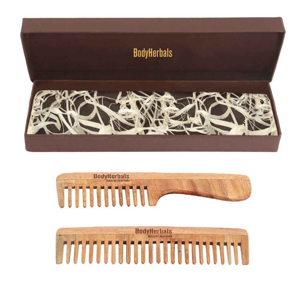 Buy BodyHerbals Anti Static Handmade 100 % Natural Neem Wood Comb Set, Gift Sets of Handle Rake and Wide Tooth Combs - Purplle