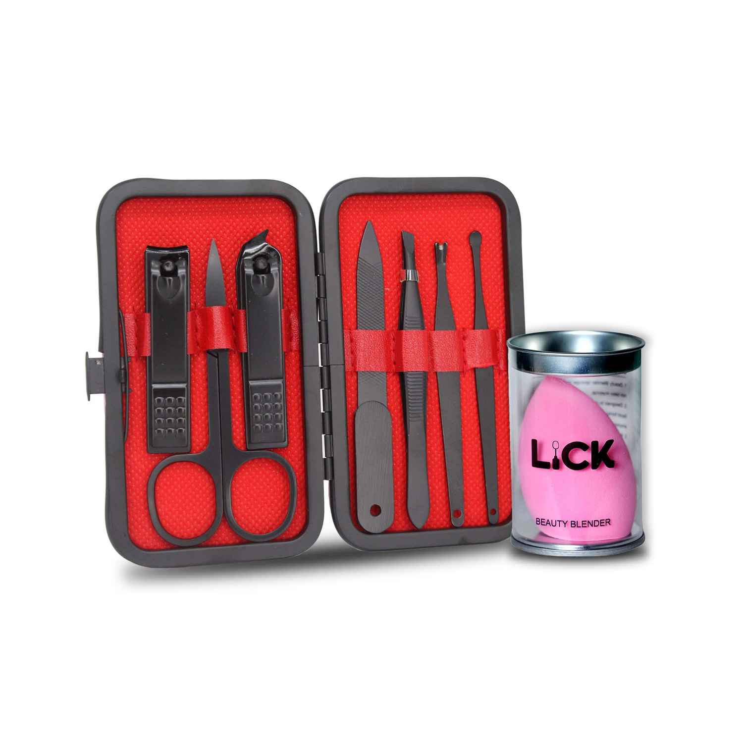 Buy Lick Combo Set of 7 in 1 Black Manicure Pedicure Kit & 1 Pink Beauty Blender - Purplle