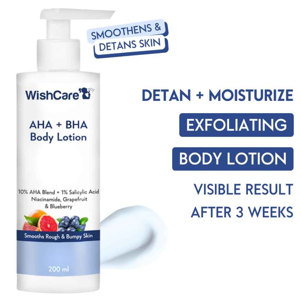 Buy WishCare AHA + BHA Body Lotion for DeTan-10% AHA + 1% Salicylic Acid- Niacinamide, Grapefruit & Blueberry - 200 ml - Purplle
