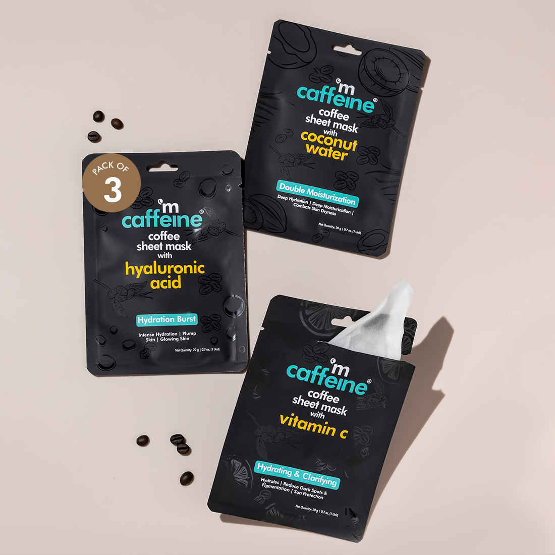 Buy mCaffeine Vitamin C, Hyaluronic Acid, Coconut Water Face Sheet Masks with Coffee | Reduces Dark Spots, Hydrates & Deeply Moisturizes - Pack of 3 | 94g - Purplle