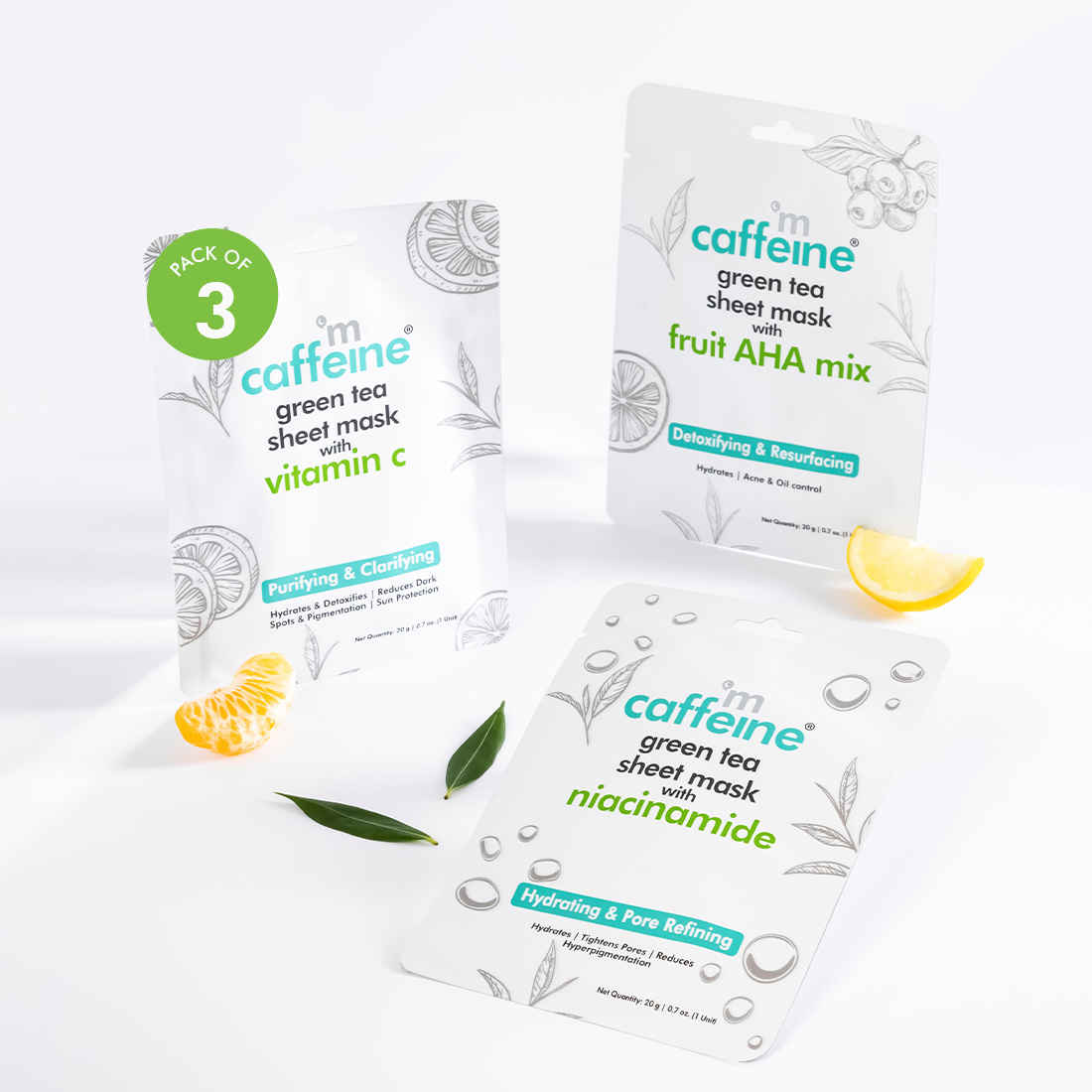 Buy mCaffeine Vitamin C, Niacinamide & Fruit AHA Mix Face Sheet Masks with Green Tea| Reduces Dark Spots, Tightens Pores & Controls Acne - Pack of 3 | 94g - Purplle