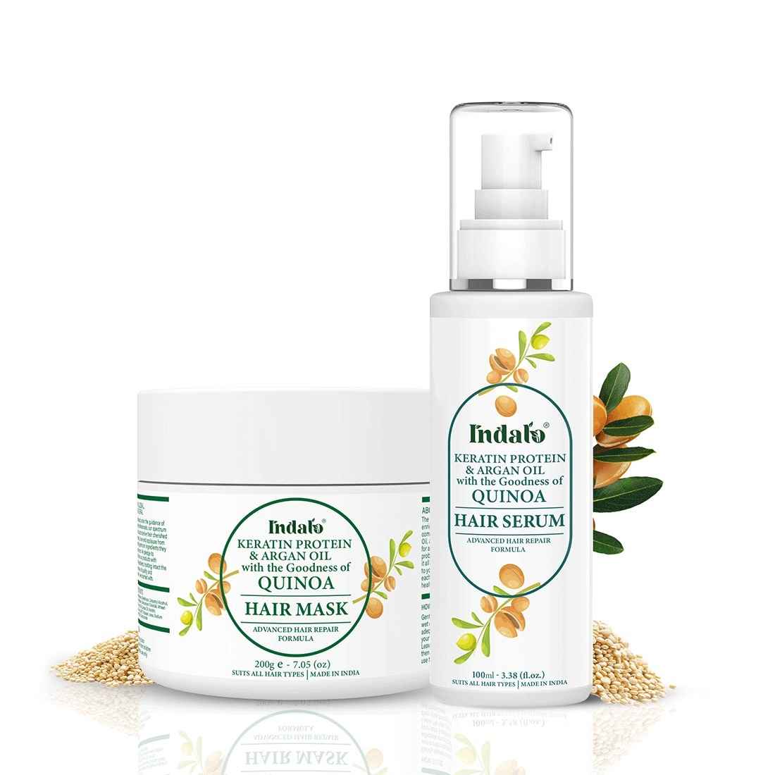 Buy Indalo Quinoa Protein Hair Serum and Mask with Keratin & Argan Oil for Soft, Smooth and Shiny Hair | Reduce Hair Breakage | Curly and Damaged Hair Repair kit | Paraben-Free, Sulphate-Free & Silicone-Free - Purplle