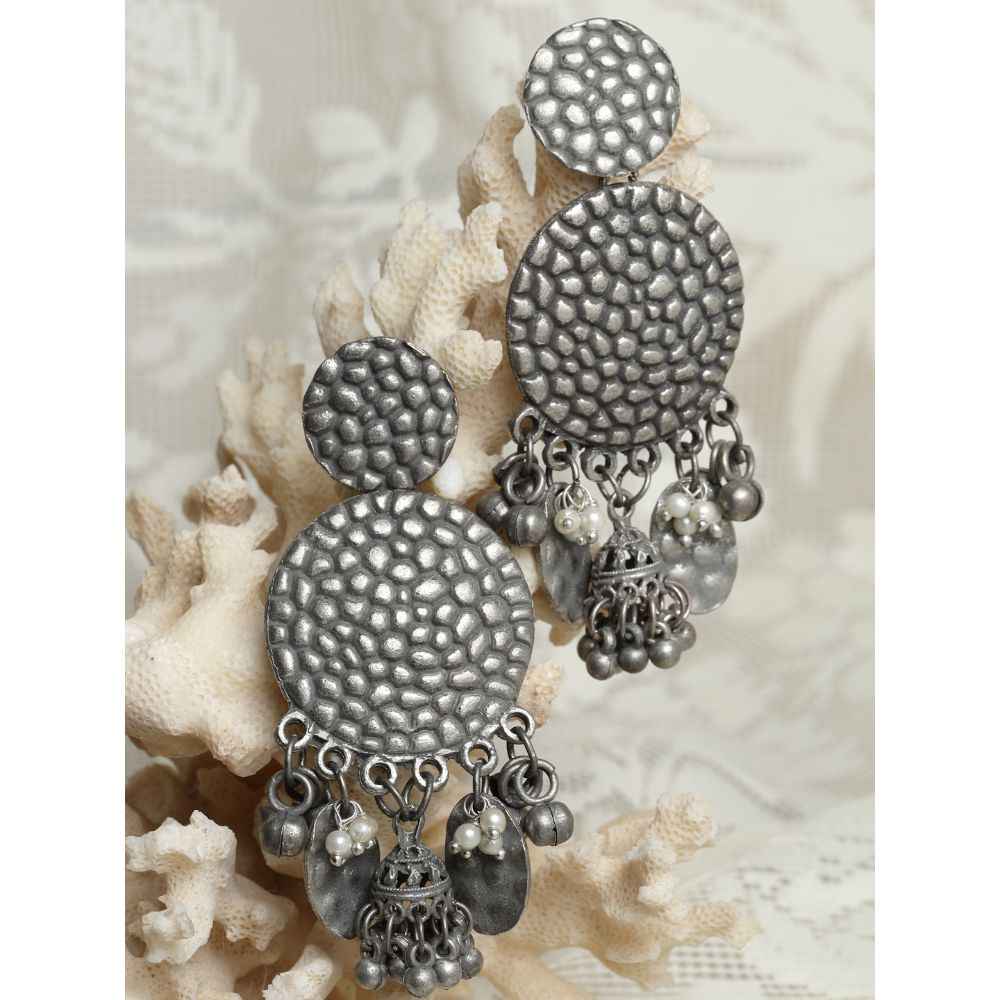Buy Moedbuille Ghungroo Studded Engraved Floral Design Oxidised Silver Plated Handcrafted Earrings , 40 Grams - MBER03479 - Purplle