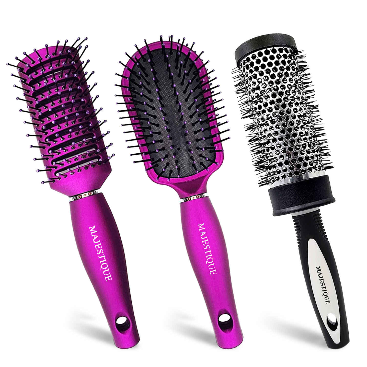 Buy Majestique Professional Hair Brush Set | Detangling, Vent, and Blow Dry Brushes | Soft Nylon Bristles for All Types Style - 3Pcs/Multicolor - Purplle