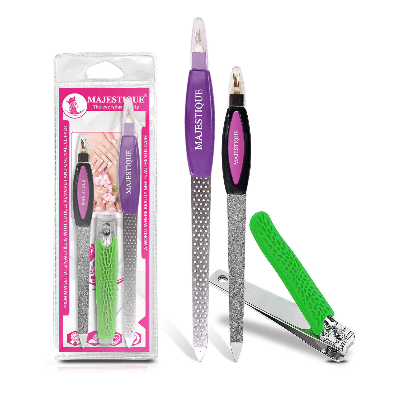 Buy Majestique Nail Filers with Cuticle and Nail Clipper, Ultra Sharp Cutter for Ingrown Nails Clipper, Stainless Steel, Manicure Pedicure Tools - 3Pcs/Multicolor - Purplle