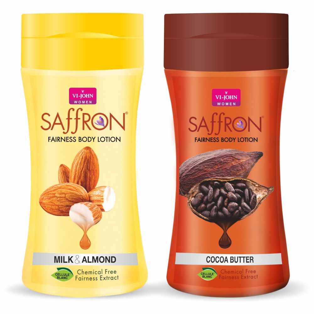Buy VI-JOHN Women Milk Almond And Cocoa Butter Skin -Ageing Non greasy Chemical Free Fairness Extract Saffron Fairness Body Lotion , moisturizes skin upto 48 hour (pack of 2,250 ml Each) - Purplle