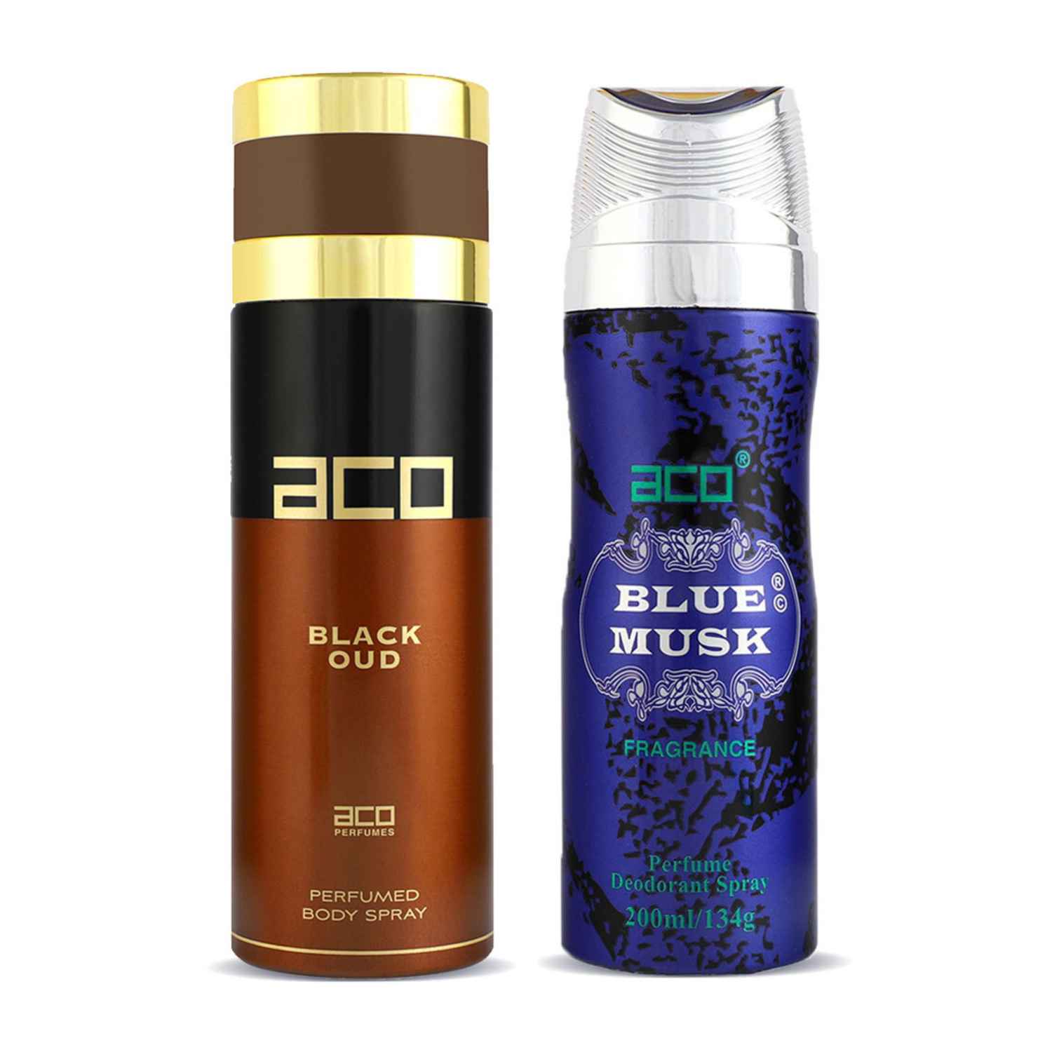 Buy ACO PERFUMES Set of 2 Imported Deodorants Black Oud & Blue Musk Body Spray For Mens, Made In UAE, 200 ml Each - Purplle