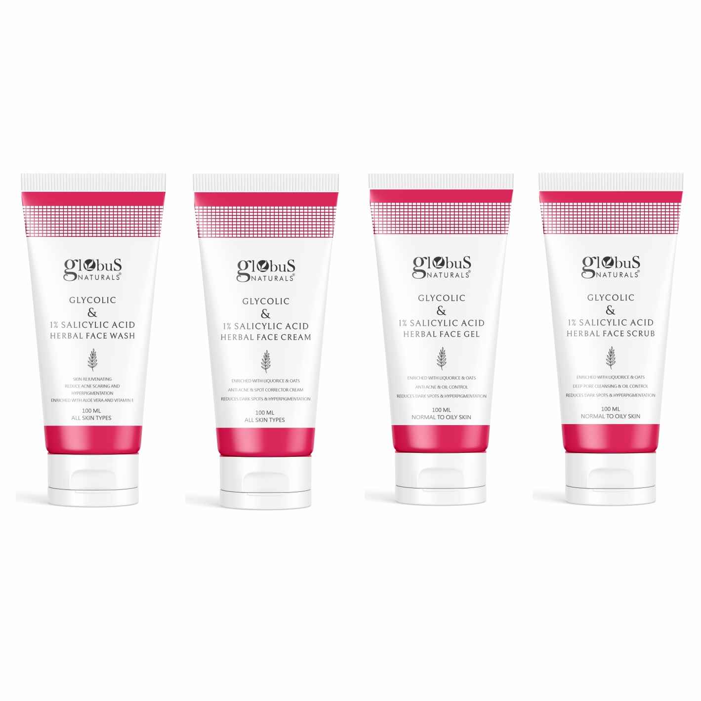 Buy Globus Naturals Glycolic & 1% Salicylic Acid Anti-Acne Face care Combo - Set of 4 Face wash, Face Cream, Face Gel & Face Scrub - Purplle