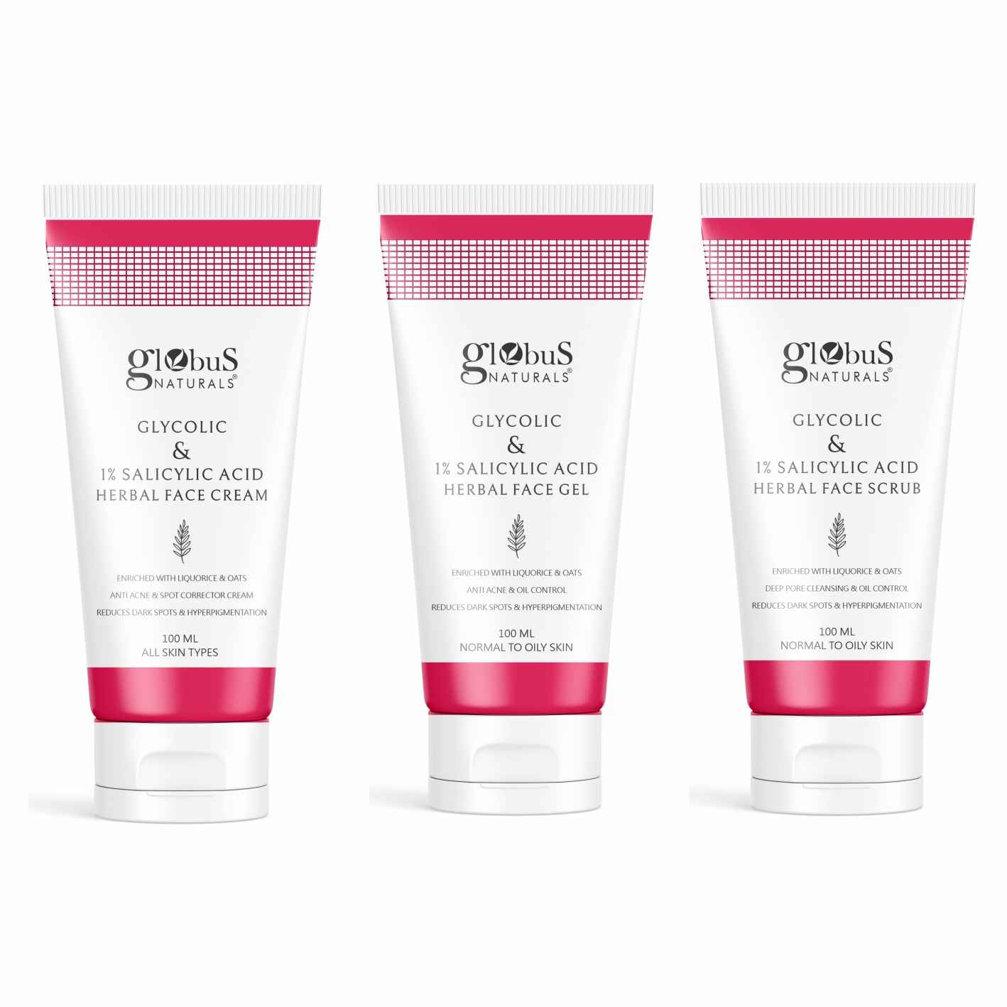 Buy Globus Naturals Glycolic & 1% Salicylic Acid Anti-Acne Face care Combo - Set of 3 Face Cream, Face Gel & Face Scrub - Purplle