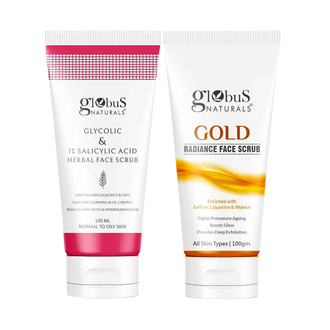 Buy Globus Naturals Glycolic & 1% Salicylic Acid Anti-Acne & Gold Radiance Brightening Face Scrub Combo - Set of 2 - Purplle