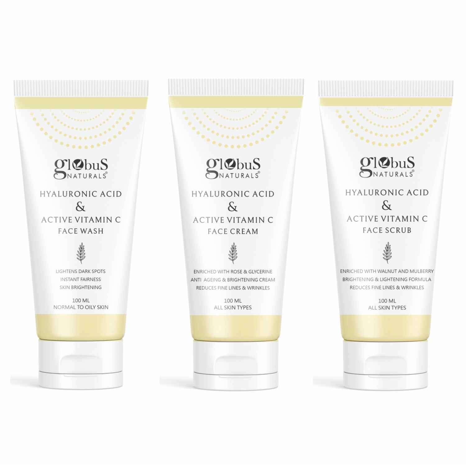 Buy Globus Naturals Vitamin C & Hyaluronic Acid Anti-Ageing & Brightening Face Care Combo Set of 3 - Face Wash, Face Cream & Face Scrub - Purplle