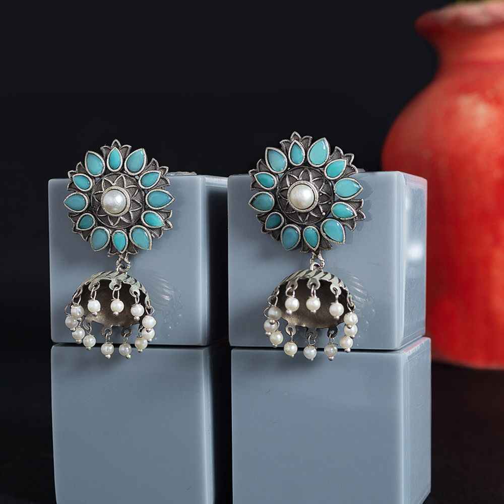 Buy Golden Peacock Oxidised Classic Turquoise Blue Floral Dome-Shaped Jhumkas 15 GM - Purplle