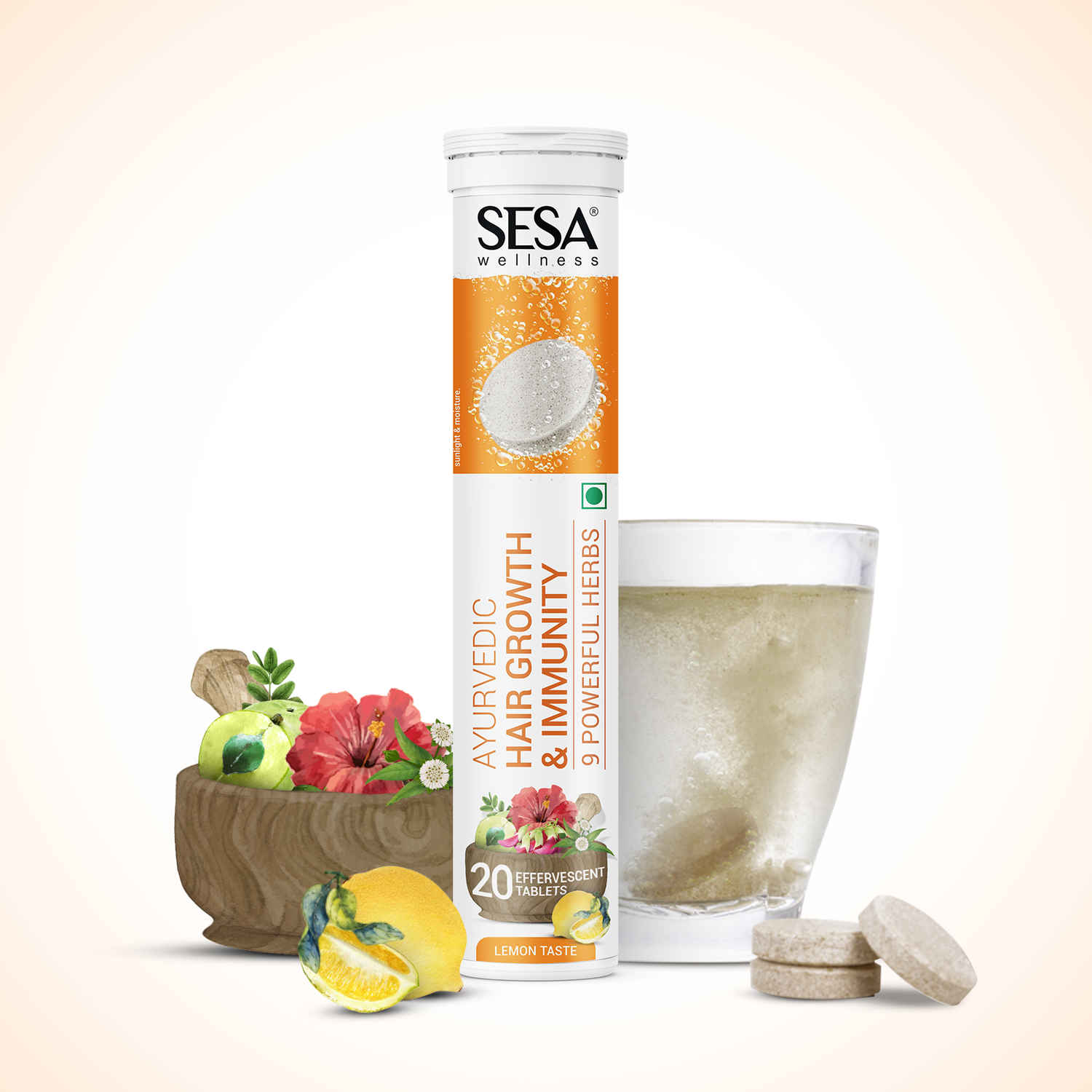 Buy Sesa Ayurvedic Hair Growth & Immunity Effervescent Tablets with 9 Powerful Herbs| Plant-based Hair Supplement for Hair Growth & Stronger Immunity | NO Added Sugar | Lemon Taste - 20 Tablets - Purplle
