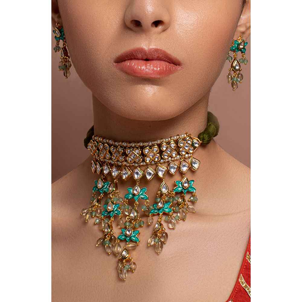 Joules by Radhika Beautiful Green And White Necklace Set